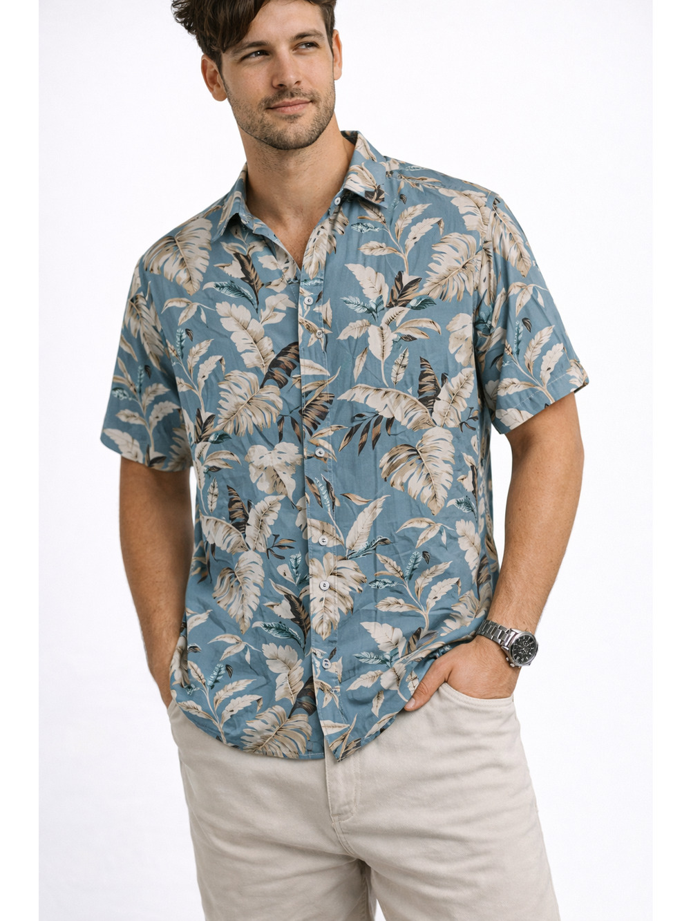 Voyage Mens Hawaiian Shirt Blue Palm Leaf Tropical Button Up Short Sleeve Sz Sm